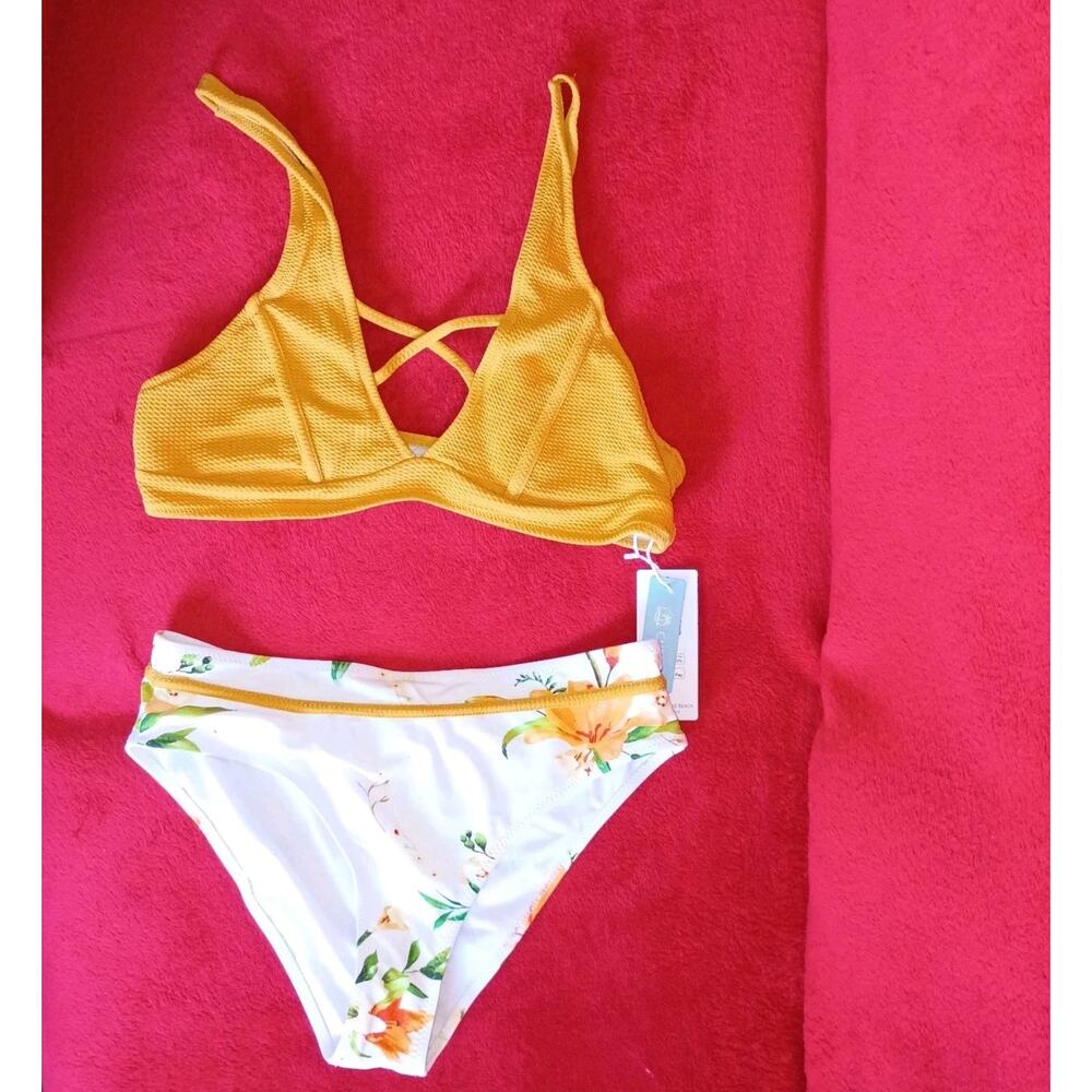 NWT Cupshe Floral Bikini Womens Sz L Criss Cross Tropical Coastal Beach Yellow